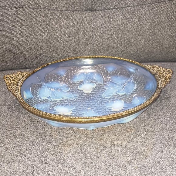 Other - Vintage Metal Rimmed Opalescent Dish w/ Cherry Pattern
